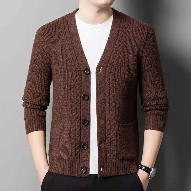 Spring Autumn Men Sweater Coat V-Neck Solid Single Breasted Pockets Korean Fashion Casual Slim Long Sleeve Cardigan Knitted Tops XJ250805