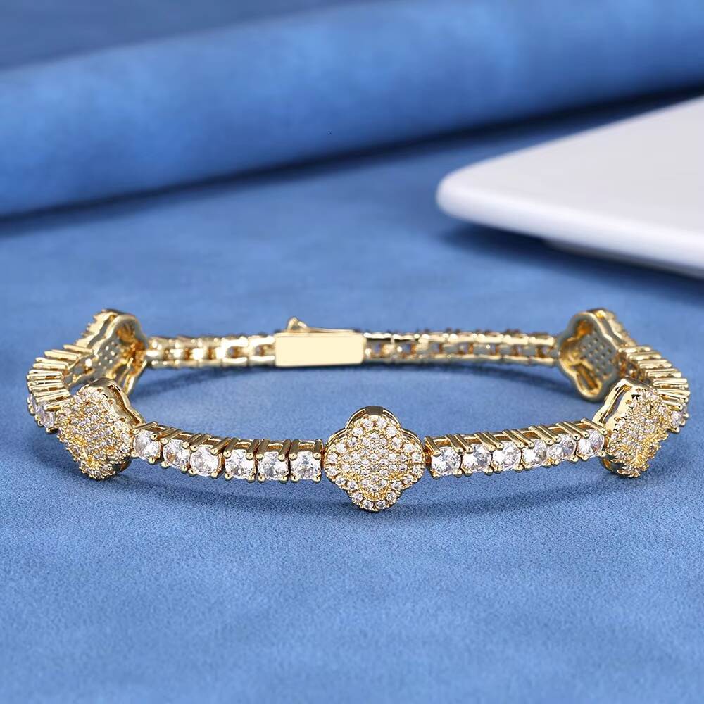 S925 Silver Moissanite Four Leaf Clover Tennis Chain Men Hip Hop Bracelet Fashion Bangles