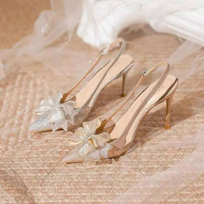 Spring Summer New Champagne Office Women High Heels With Bow Rhinestone Pointed Toe Thin Heel Sandals Party Ladies Shoes