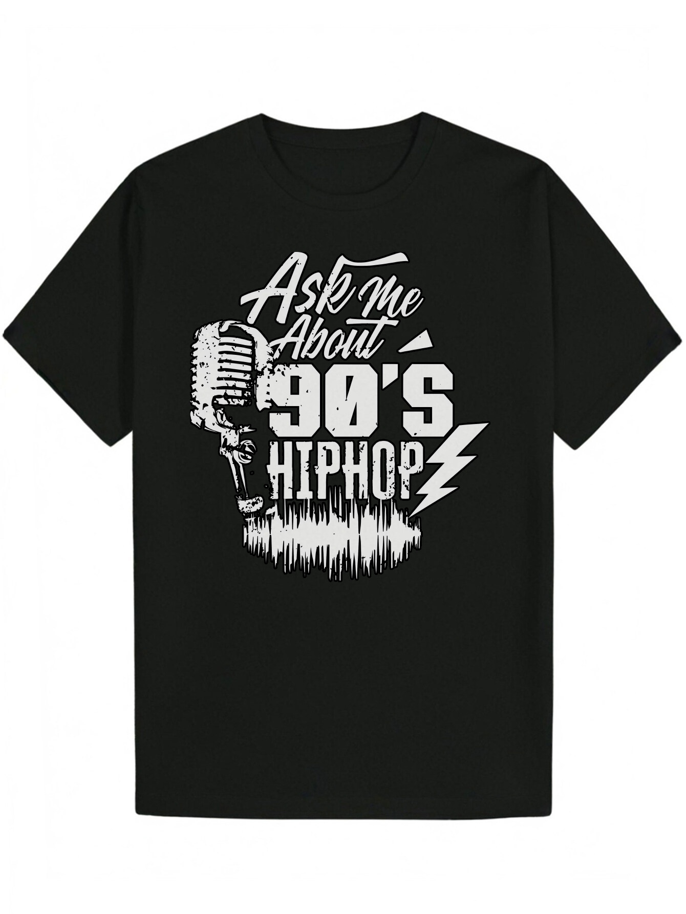 Men's 90s Hip-Hop Pattern T-Shirt - Black Casual Crew Neck T-Shirt, Bold Letter Print, Breathable Polyester Fiber, Regular Summer Streetwear, Mus