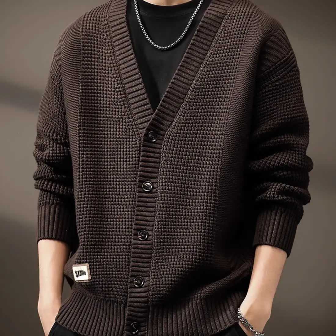 2025 Fashion Mens Knitted Cardigan Sweater Autumn Winter V-neck Solid Color Coat Coffee Single Breasted Men Korean Mens ClothingXJ250805