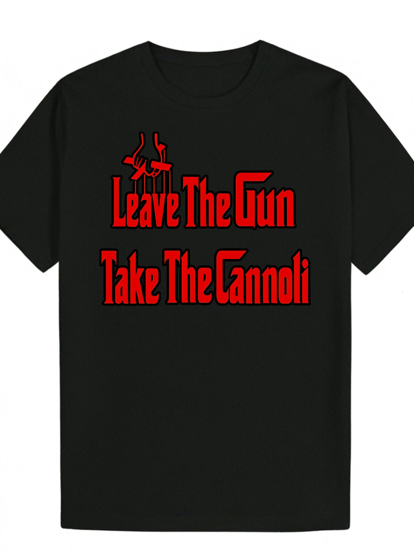 Men's Summer Casual Crew Neck T-Shirt - 'LEAVE GUN TAKE THE CANNOLI' Print, Black with Red Letters, Breathable Polyester Fiber, Regular