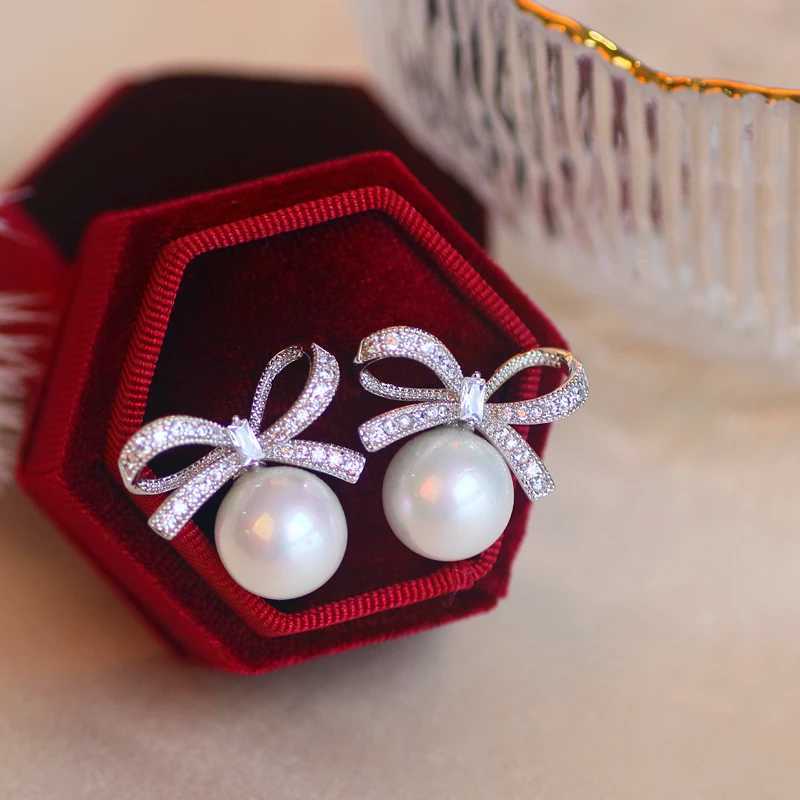 Classic Wedding Party Jewelry Luxury Cubic Zirconia Bowknot Stud Earrings Sweet Simulation Pearl Earring for Women Hot Sale Y250804