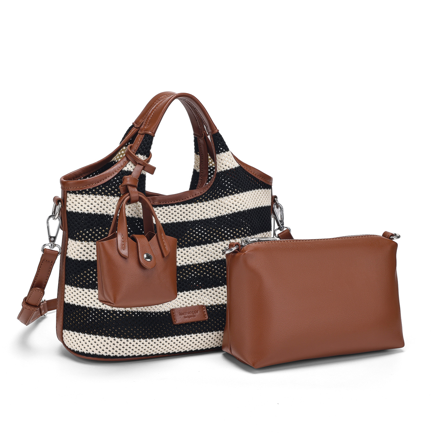 Black White Striped Tote 2025 New Style Large-Capacity Casual Hollowed-Out Beach Versatile Hand-Held Single-Shoulder And Crossbody Bag