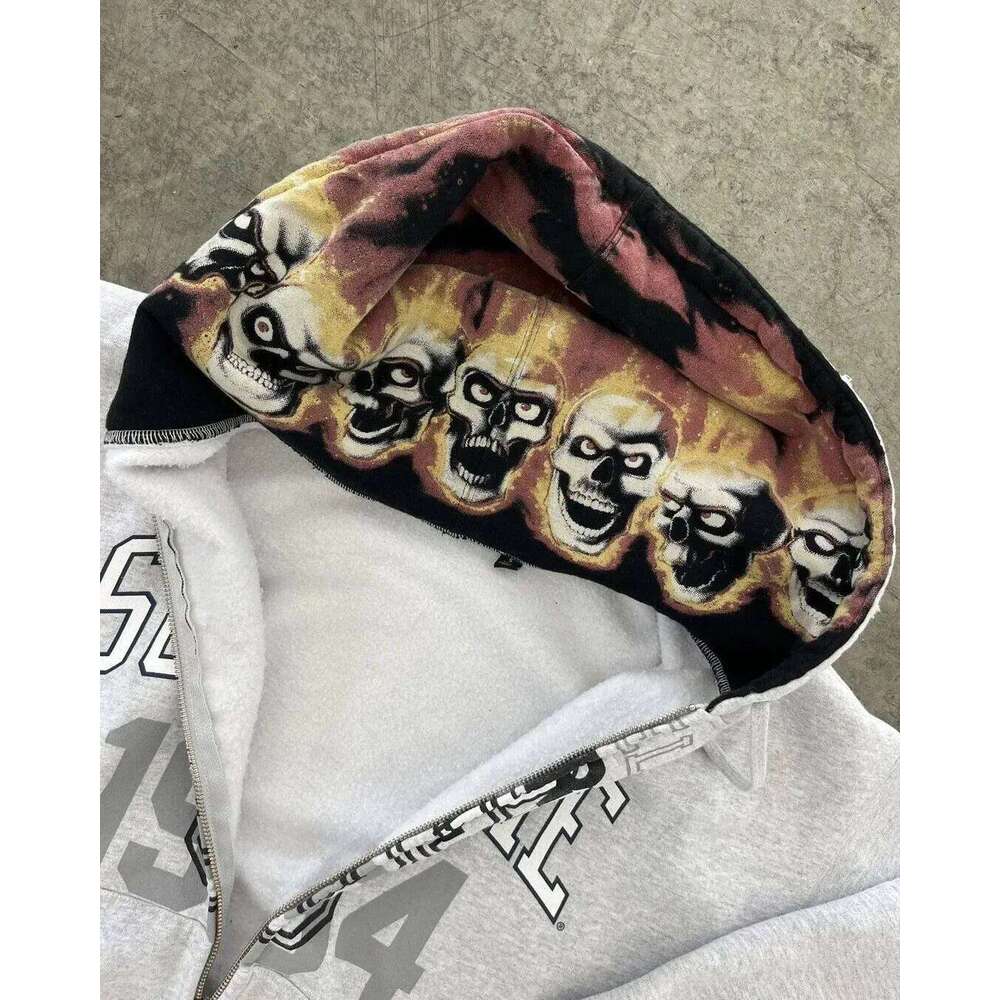 American Retro Letter Printed Devil Pattern Hoodie Y2k Haruku Casual Couple Zipper Hoodies Sweatshirt Fashion Street