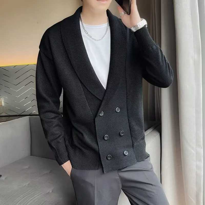2022 Autumn Sweater Men Vintage Lapel Knitted Cardigan Double Breasted Long Sleeve Knitted Jacket Casual Business Sweatercoat XJ250805