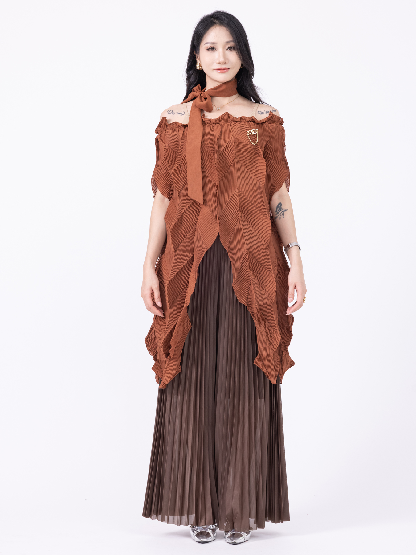 Two Piece Dress Casual Womens Pleated Overall Set Versatile Twill Material for Everyday Wear Pleated two-piece overalls ZR006