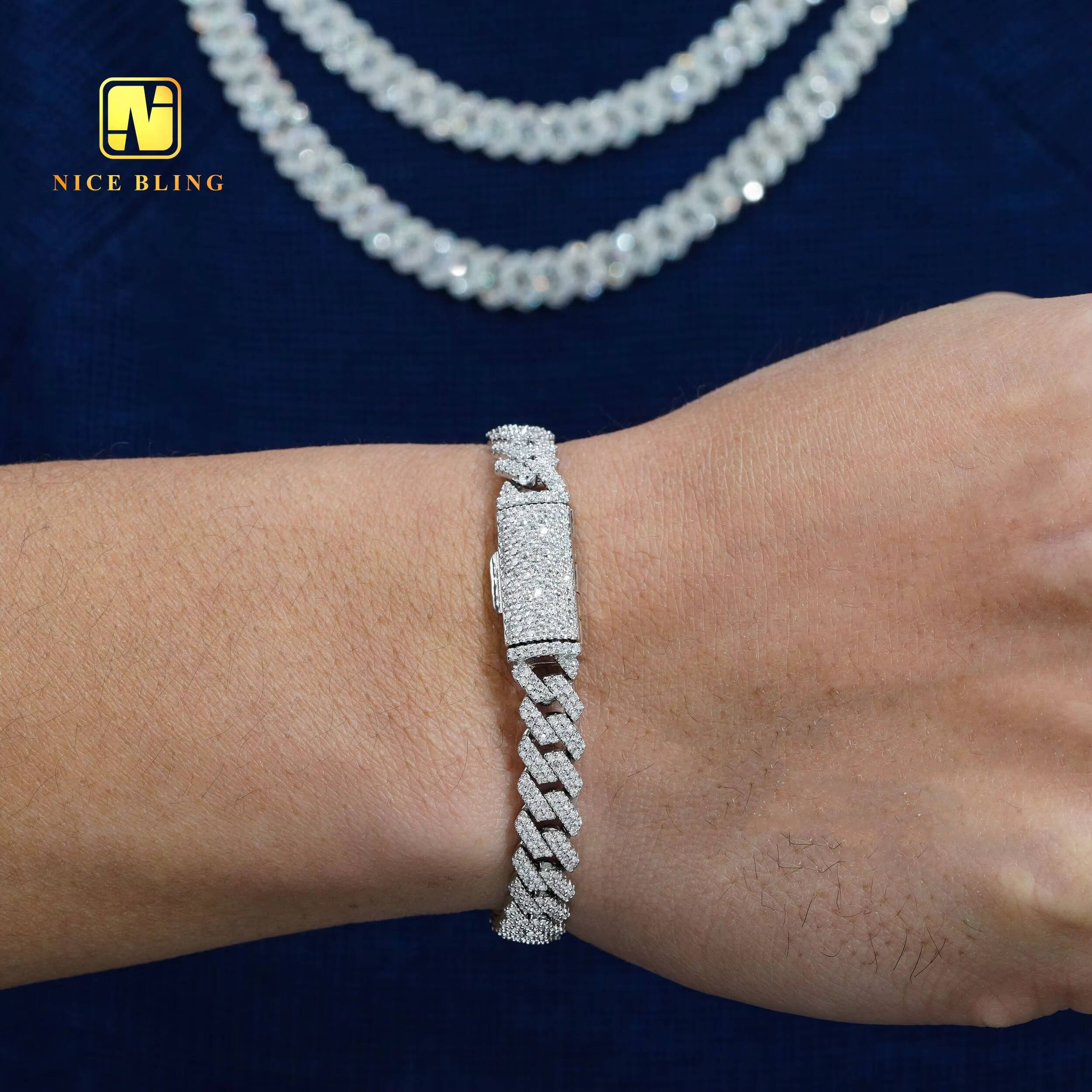 Cheap Price 2 Rows Silver Cuban Chains Hot Sale Moissanite Diamond Cuban Link 8mm Pendant Necklace Bracelet Hip Hop Jewelry