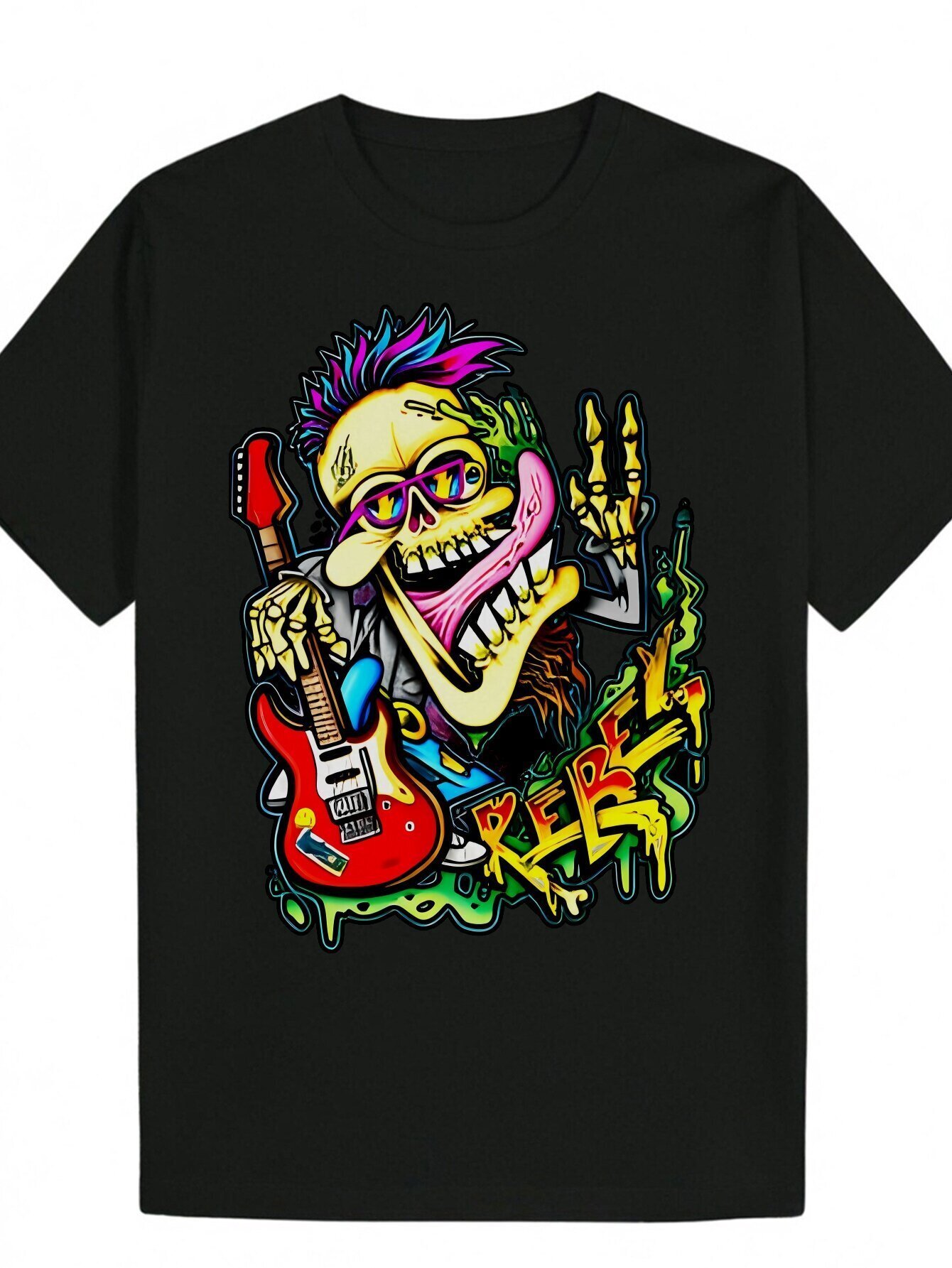 Black Graphic - Rock Guitarist Design, Casual Crew Neck, Short Sleeve, Summer Men's T-Shirt a86ba