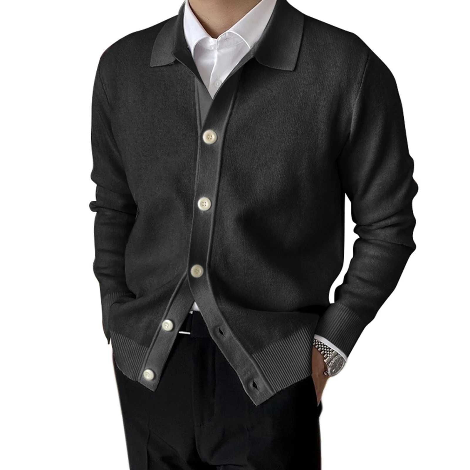 Mens Autumn Winter Knitwear Coat Long Sleeve Lapel Button Up Solid Color Cardigan Sweater XJ250805