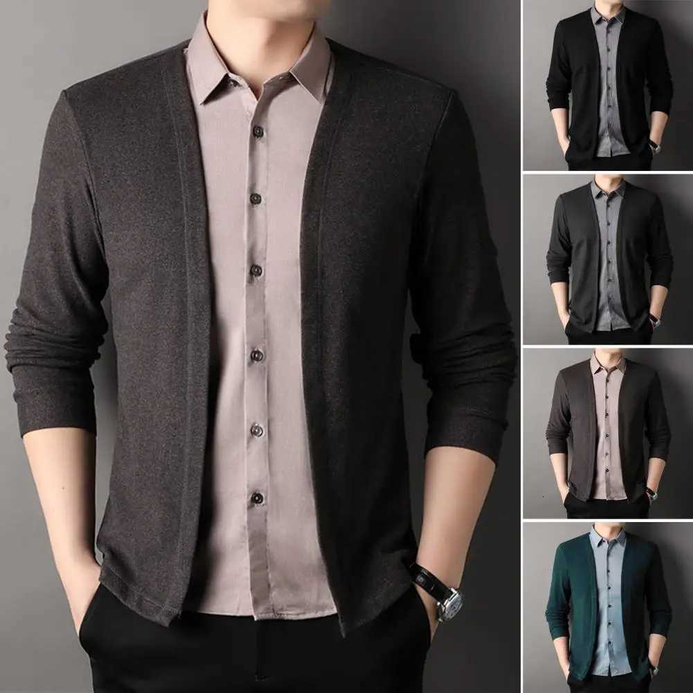 Men Cardigan Sweater Fake Two-piece Turn-down Collar Single-breasted Knitted Coat Color Matching Long Sleeves Formal Top XJ250805