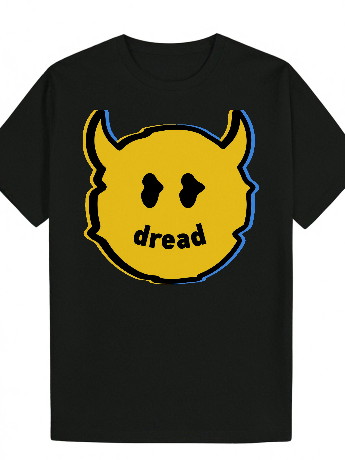 Men's Summer with 'Dread' Pattern - Black Polyester, Crew Neck, and Horn Illustration, Casual T-Shirt Playful Skull Design | Polyester 