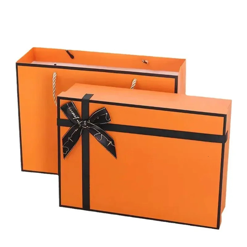 Luxury High End Orange Gift Box with Bow Grass Card Cardboard Box Wedding Party Gift Chocolate Candy Packaging Multi Size Boxes Bag 250805