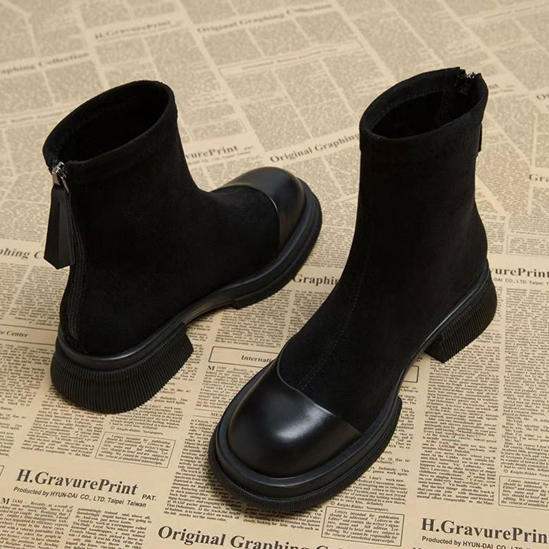 Vintage style Martin boots female leg long zipper skinny boots plus cotton boots brown thick soles small short boots