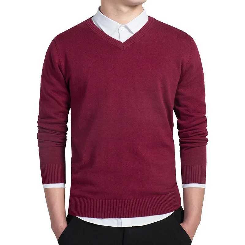 100% Cotton Sweater Men Long Sleeve Pullovers Casual V-Neck Solid Color Knitted Sweaters Tops Men Plus Size Slim Navy Sweater Men XJ250805