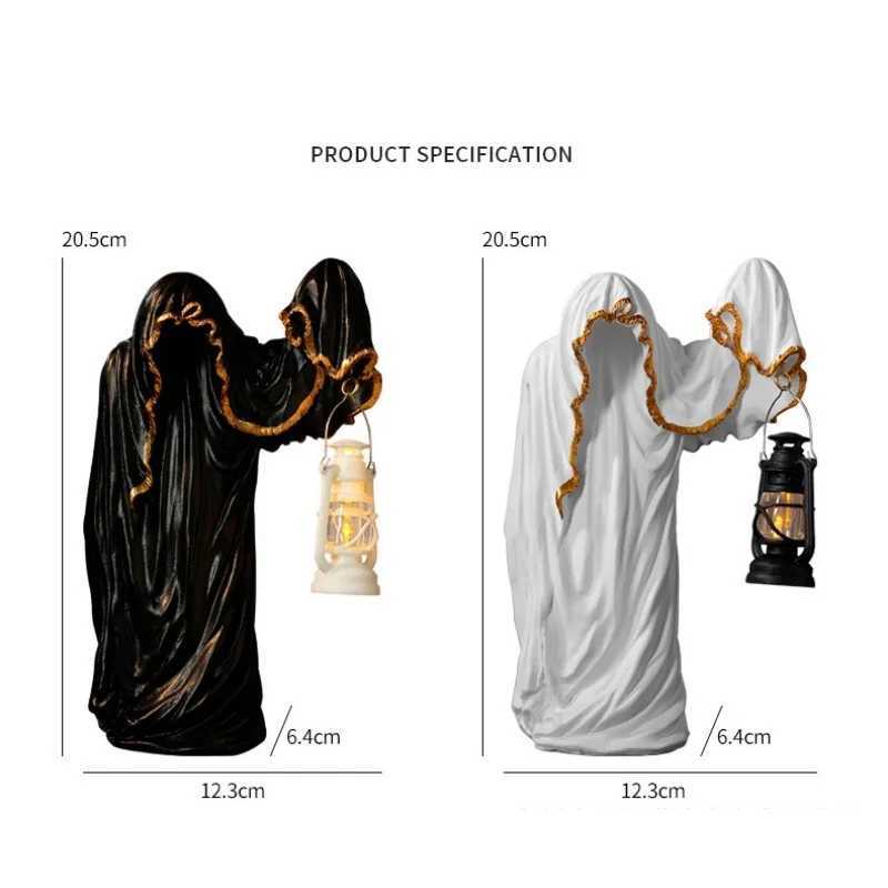 Ghost Wizard Lantern Halloween Sculpture Ornament Day Of The Dead Party Sculpture Ornament Black-Robed Wizard Gift XJ250804