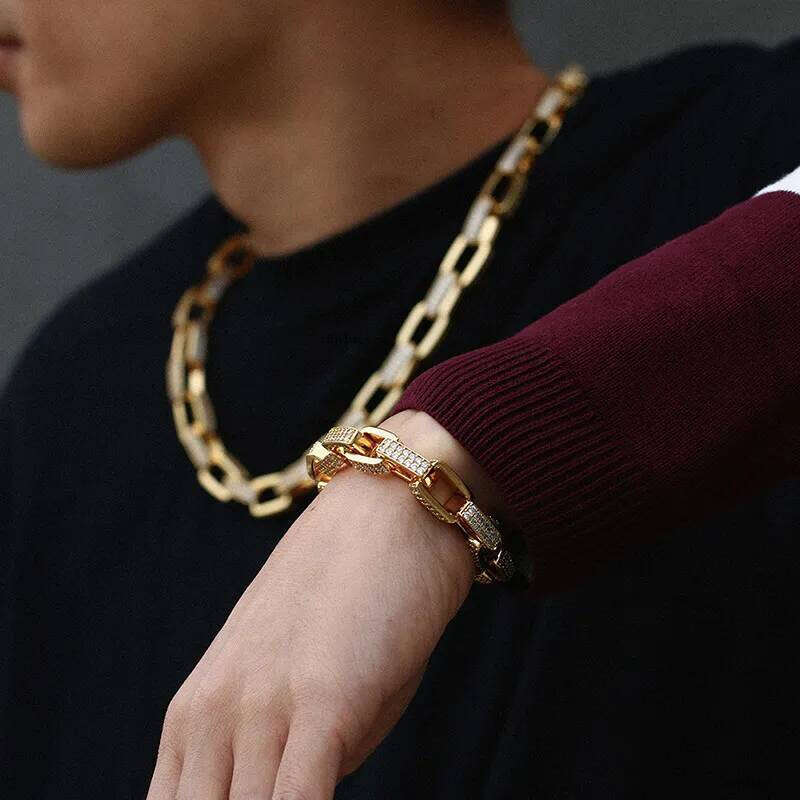 Iced Out Geometric Square Box Link Chain Bracelets and Necklaces Choker for Men Hip Hop Micro Set CZ Stone Cubic Zirconia Bling Rapper Jewelry bracele