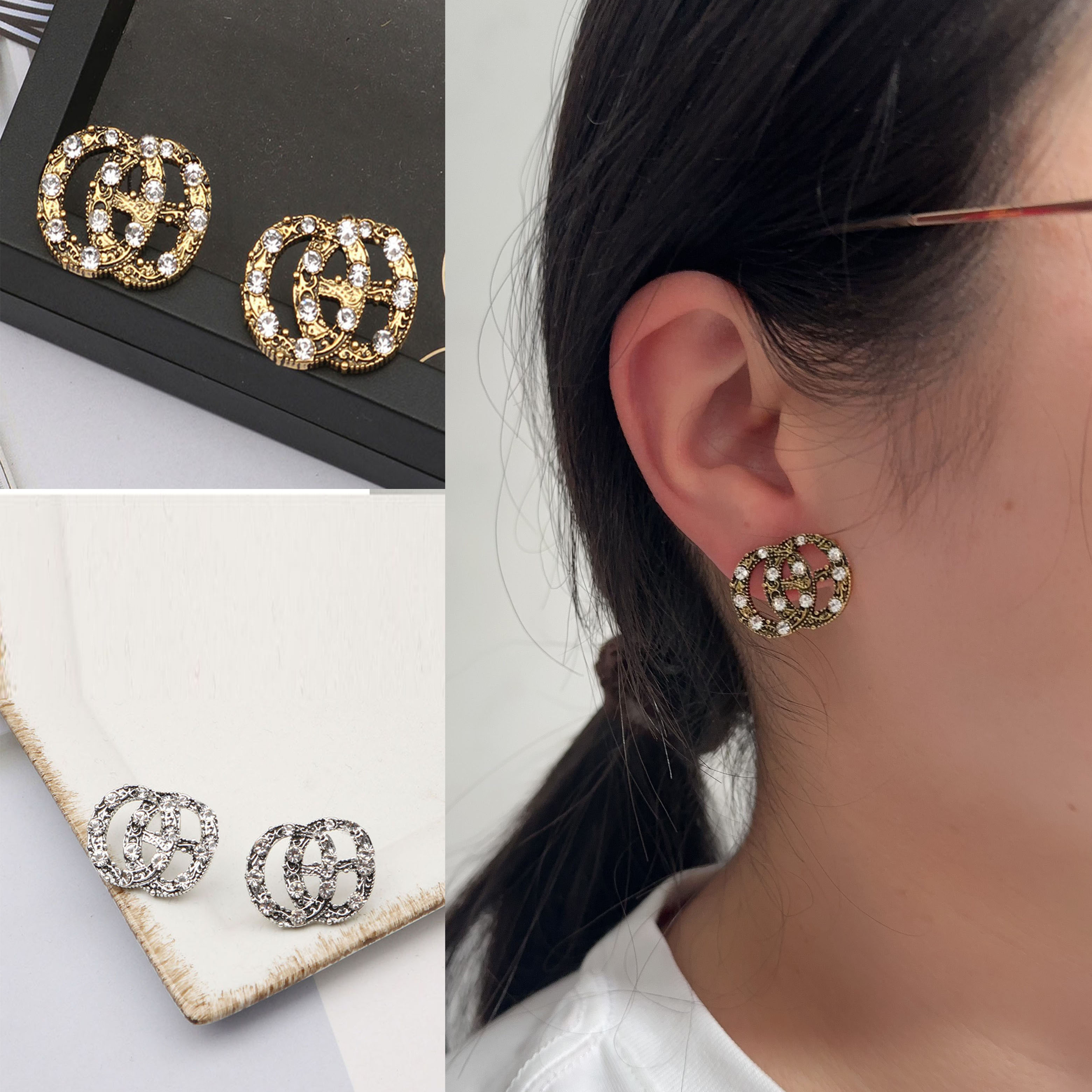 Simple Luxury Charm Letter Stud Designer Earrings Gold-color Famous Women Geometry 925 Silver Round Inlay Crystal Rhinestone Pearl Earring Wedding Luxury jewelry