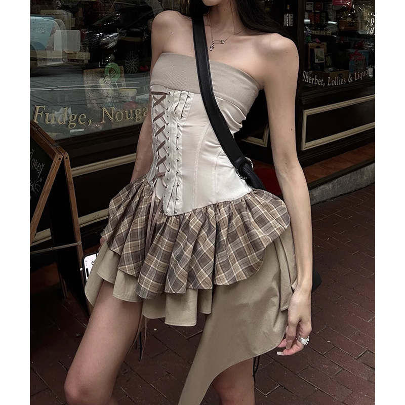 Summer 2025 khaki off shoulder tube skirt, summer thick waist lace fashion up short patchwork dress, lace up spicy girl style new designer dress