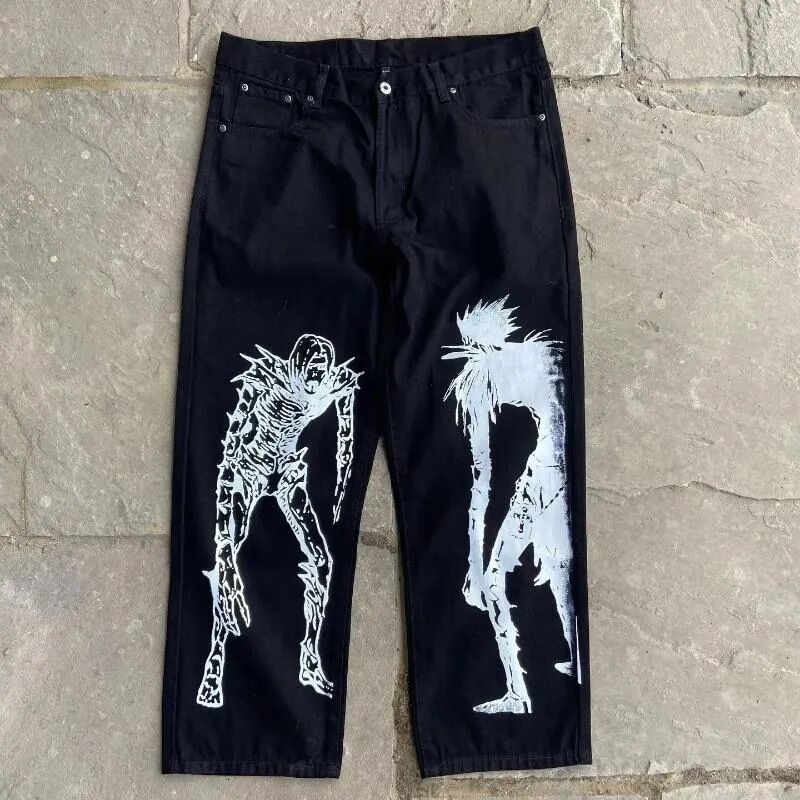 Harajuku y2k baggy jeans blue eyes white dragon print wide leg denim pants anime streetwear trouser men clothing 240819