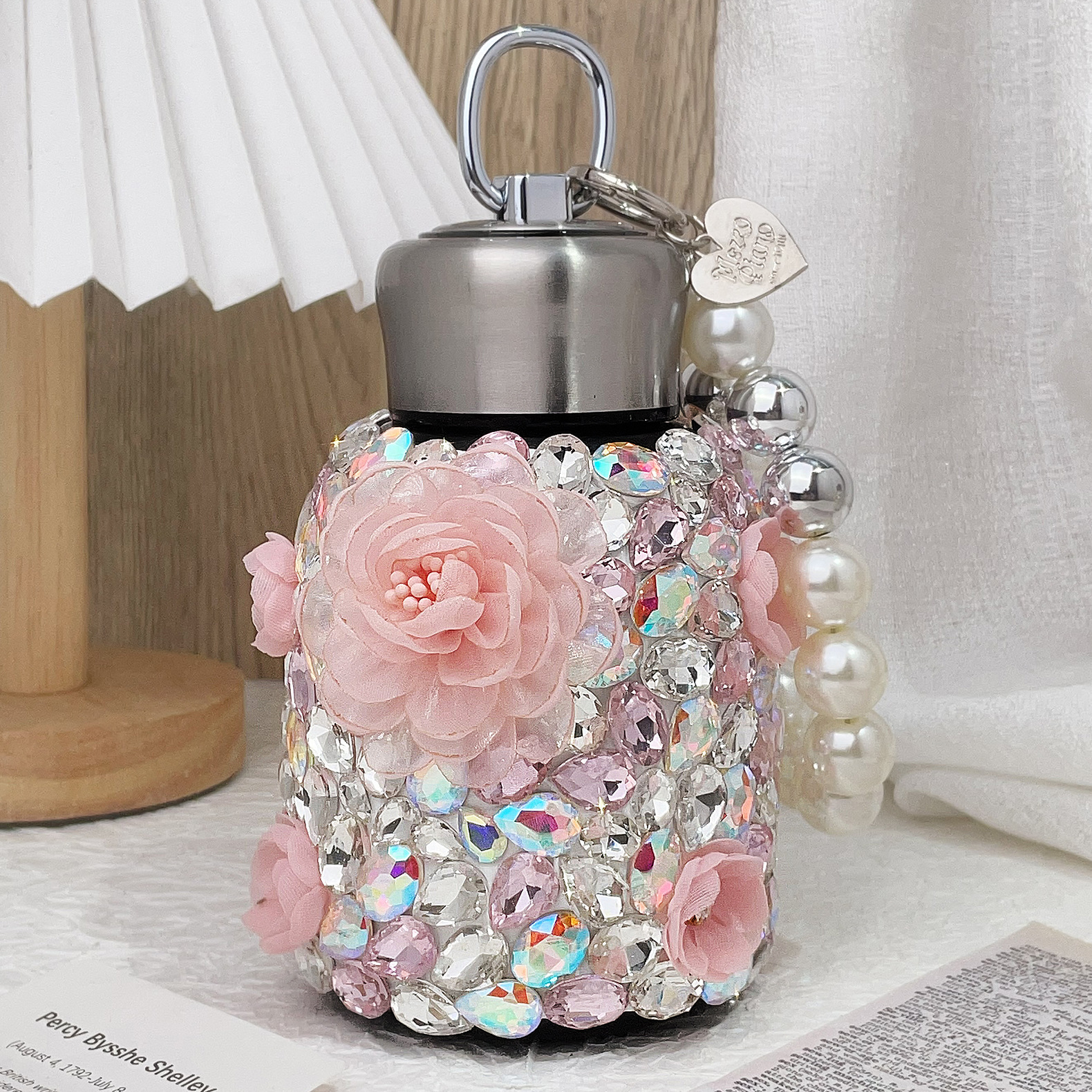 Designer Flower Water Bottle Luxury Crystal Double Wall Vacuum Reusable Coffee Cups Travel Mug Stainless Steel Insulated Thermos Tumbler with Handle P