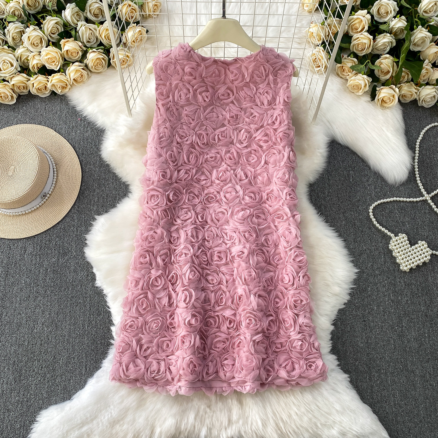 LO9260 Three-dimensional rose round neck sleeveless vest dress for women in summer, beautiful and age-reducing
