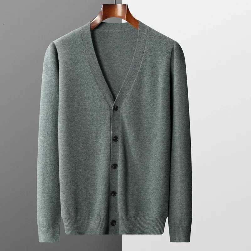 New Mens 100% Pure Merino Wool Sweater Jacket V-Neck Knitted Cardigan Autumn Winter Solid Color Top Casual Basic All-Match XJ250805