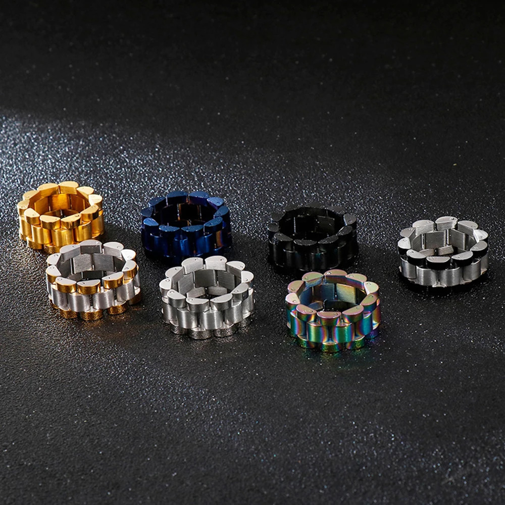 8/10mm HipHop Watch Chain Band Ring Men Women Rose Gold Color Stainless Steel Strap Watchband Style Wedding Rings Jewlery 250805