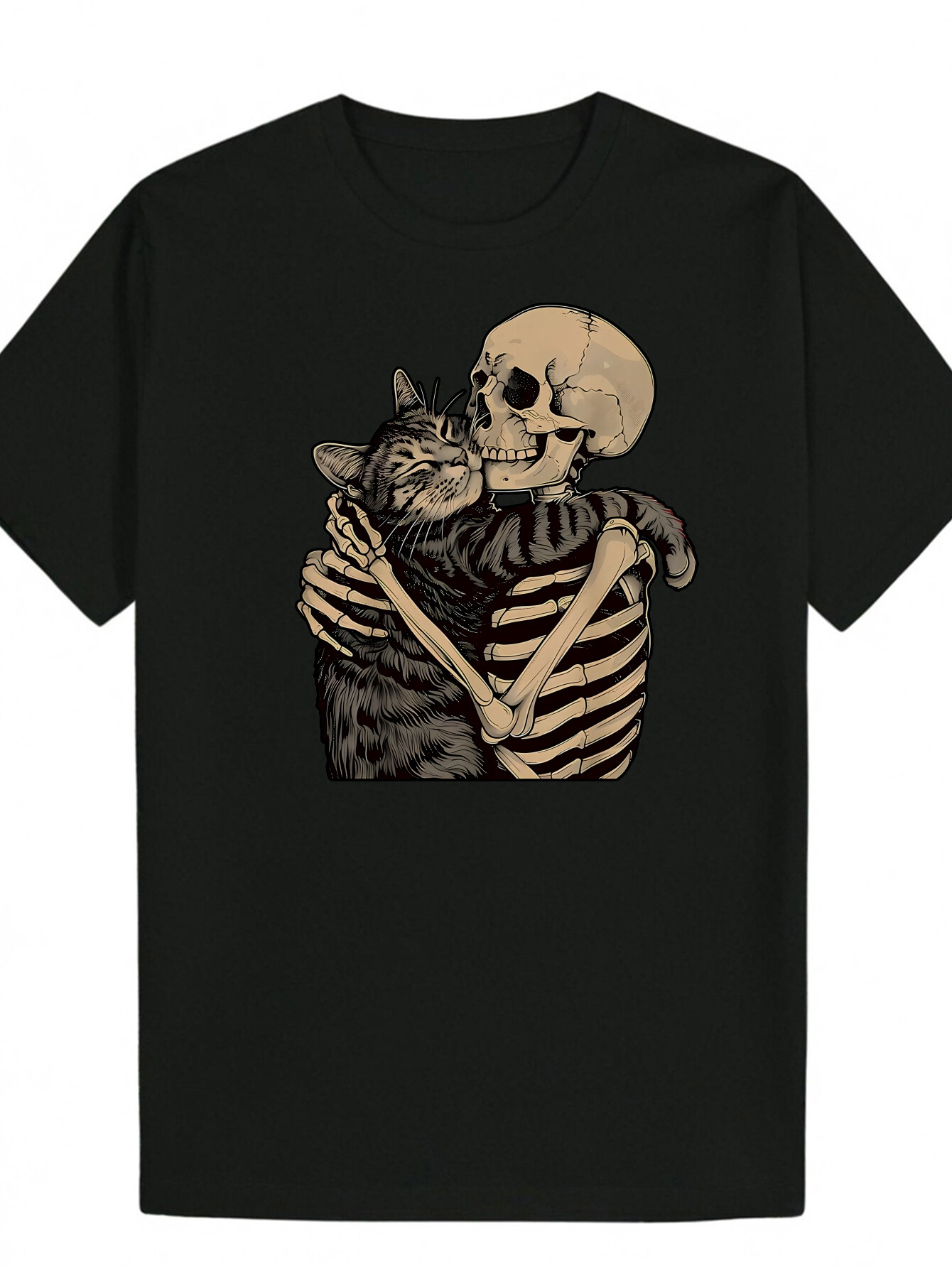 Men's Summer Short Sleeve T-Shirt - Black Cat Skull Pattern Print, 100% Polyester Crew Neck T-Shirt, Machine Washable, Suitable for Casual Wear b