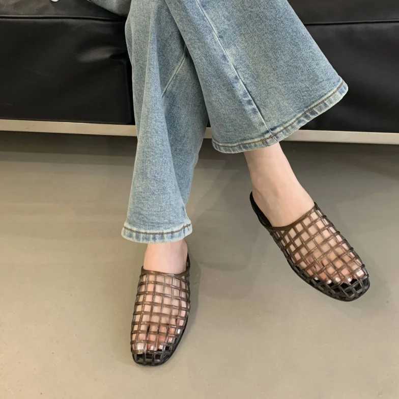 2025 Womens New Flat Slippers with Hollow PVC Breathable Summer Outerwear Baotou Bag and Casual Jelly Slippers W250805