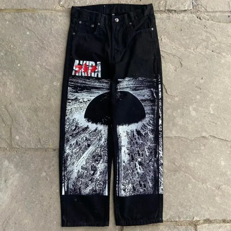 Harajuku y2k baggy jeans blue eyes white dragon print wide leg denim pants anime streetwear trouser men clothing 240819