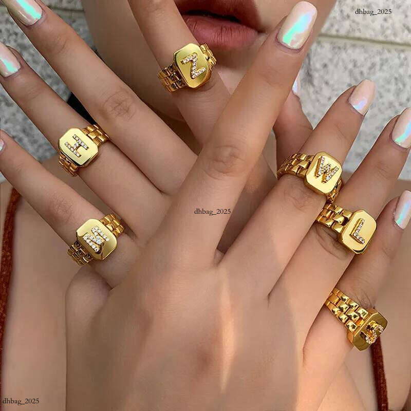 trendy gold color initial ring for women girl aaa cubic zirconia az watchband square letter open female jewelry gift