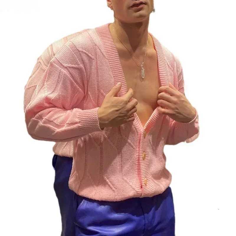 Sexy Deep V-Neck Pink Sweaters Men Fashion Loose Buttoned Long Sleeve Knit Cardigan Spring Trendy Streetwear Mens Knitwear XJ250805