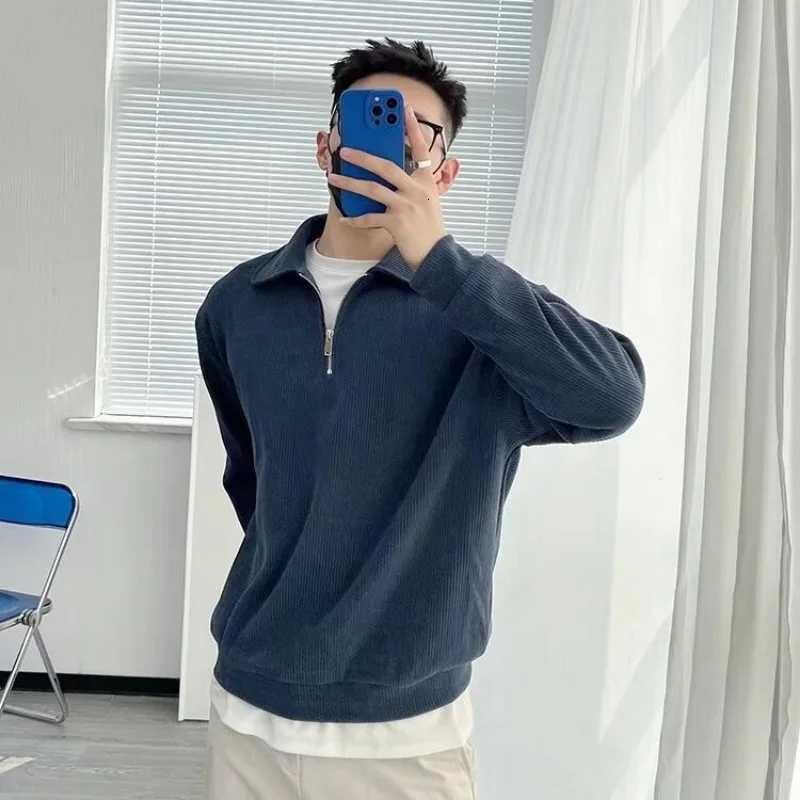 New Half-zip Sweater Mens American Retro Loose Casual Design Niche Top Solid Color Pullover Shirt XJ250805