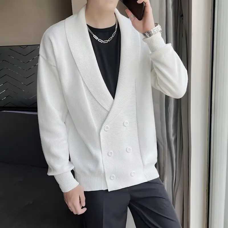 2022 Autumn Sweater Men Vintage Lapel Knitted Cardigan Double Breasted Long Sleeve Knitted Jacket Casual Business Sweatercoat XJ250805
