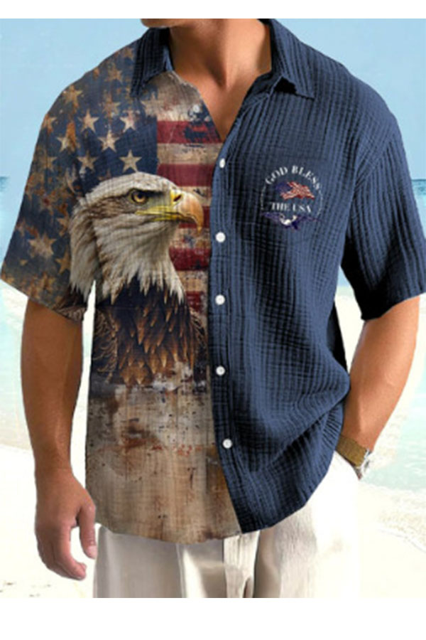 Men's blouse, high-weight fabric, retro style, color matching printing, short-sleeved button-down shirt