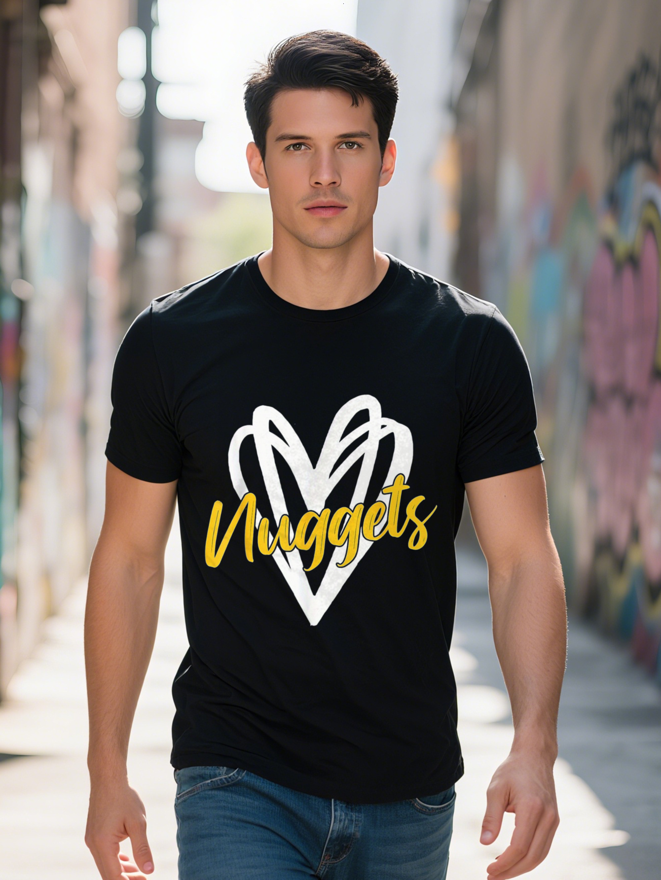 Men's 220g 100% Cotton - Denver Pride Fun Name Pattern T-Shirt, Heart Design Yellow Script, Casual Short Sleeve Crew Neck Shirt for Fashion Enthu
