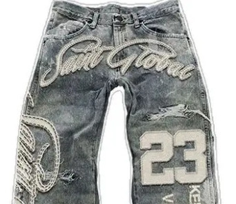 Streetwear Vintage Blue Jeans Y2K Clothes Men Hip Hop Letter Patch Embroidery Vintage Blue Baggy Jeans Mid Rise Wide Leg Trouser 250805