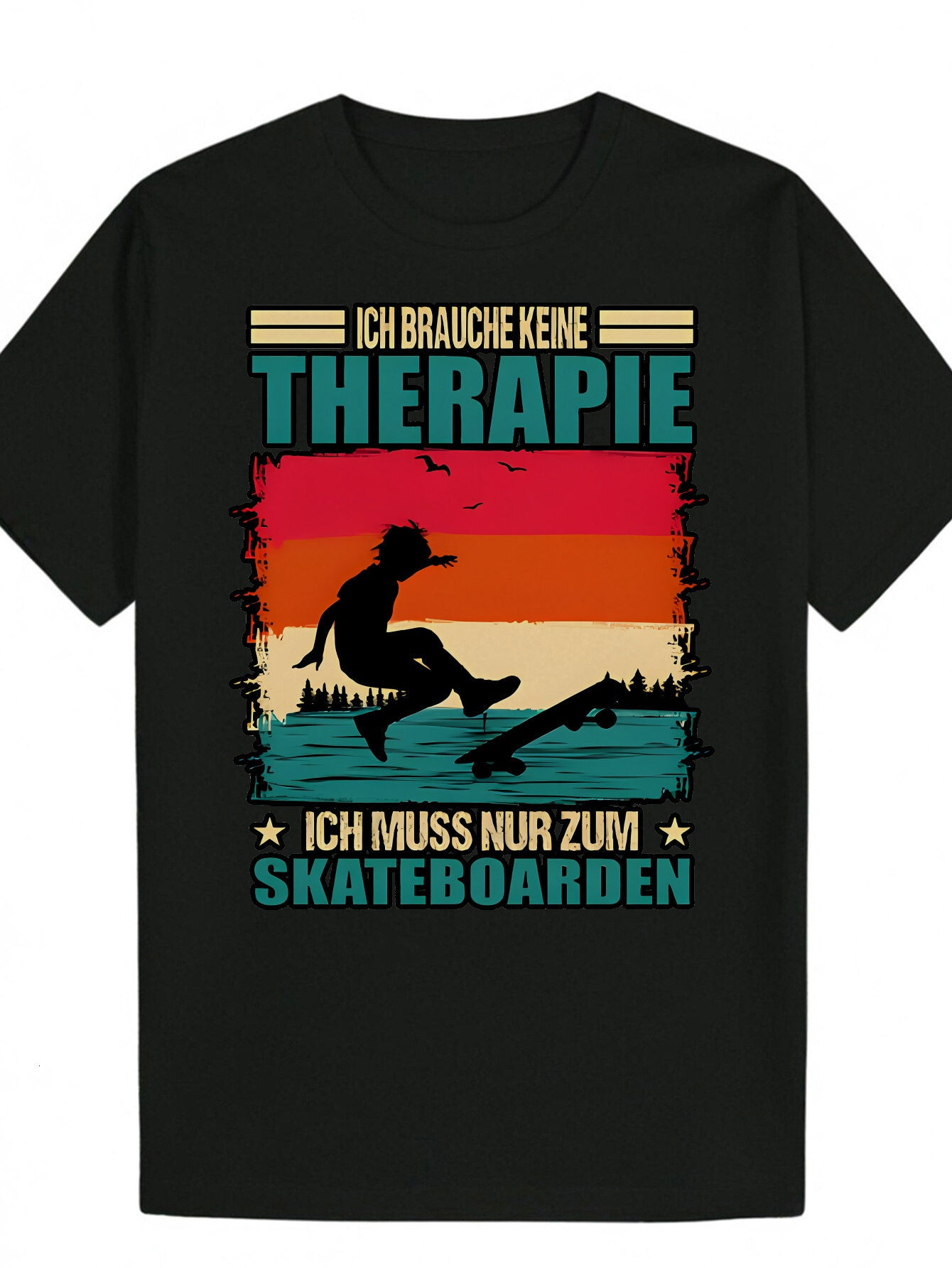 Men's Summer Graphic T-Shirt - Skateboard Casual Design with Sunset Silhouette Art, Breathable Polyester, Crew Neck, Machine Washable, Black eec4