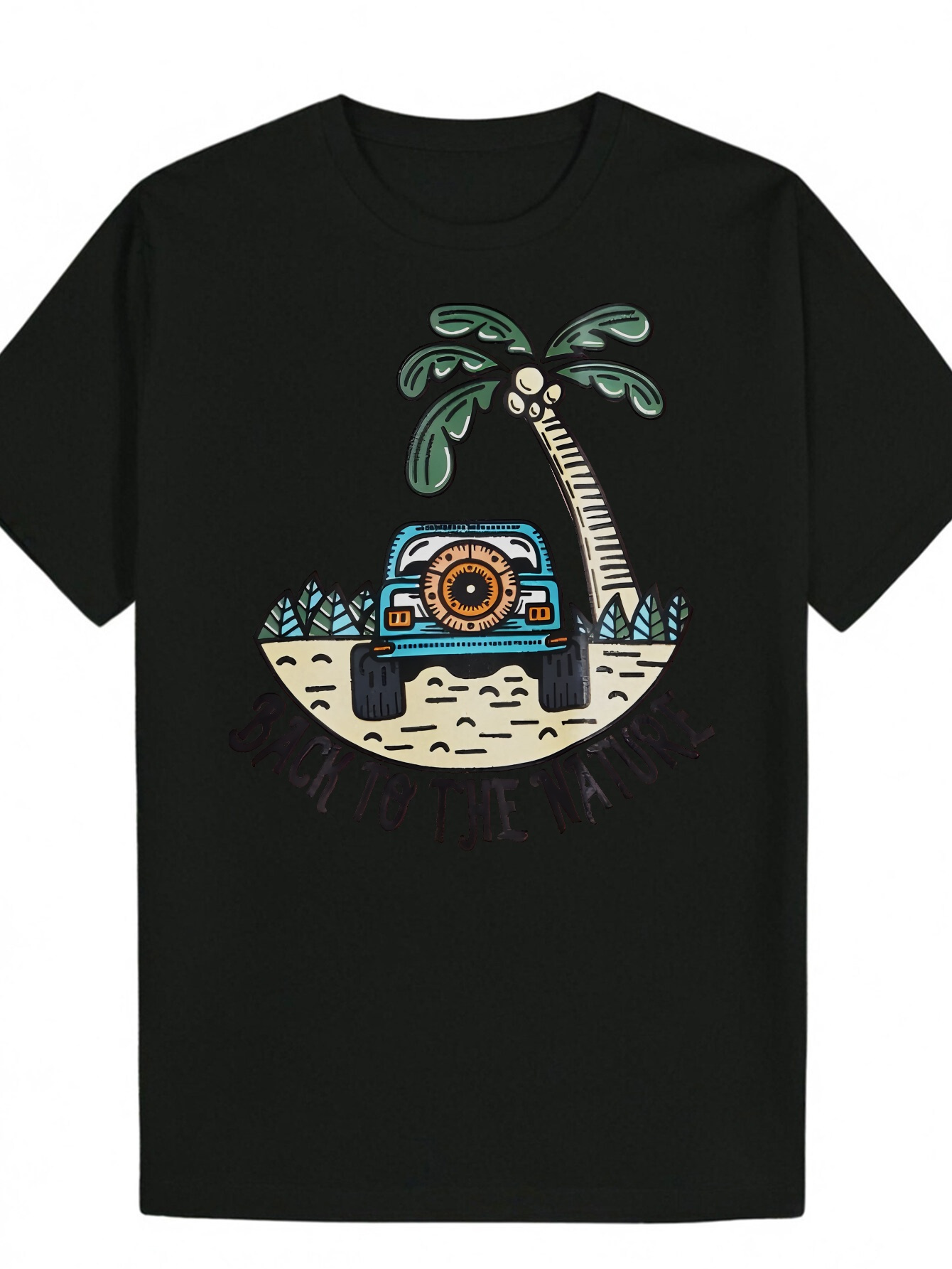 Men's Casual Short Sleeve - Black, with Palm Tree and Tropical Landscape Print, Breathable Polyester, Regular Fit, Machine Washable, Summer T-Shi