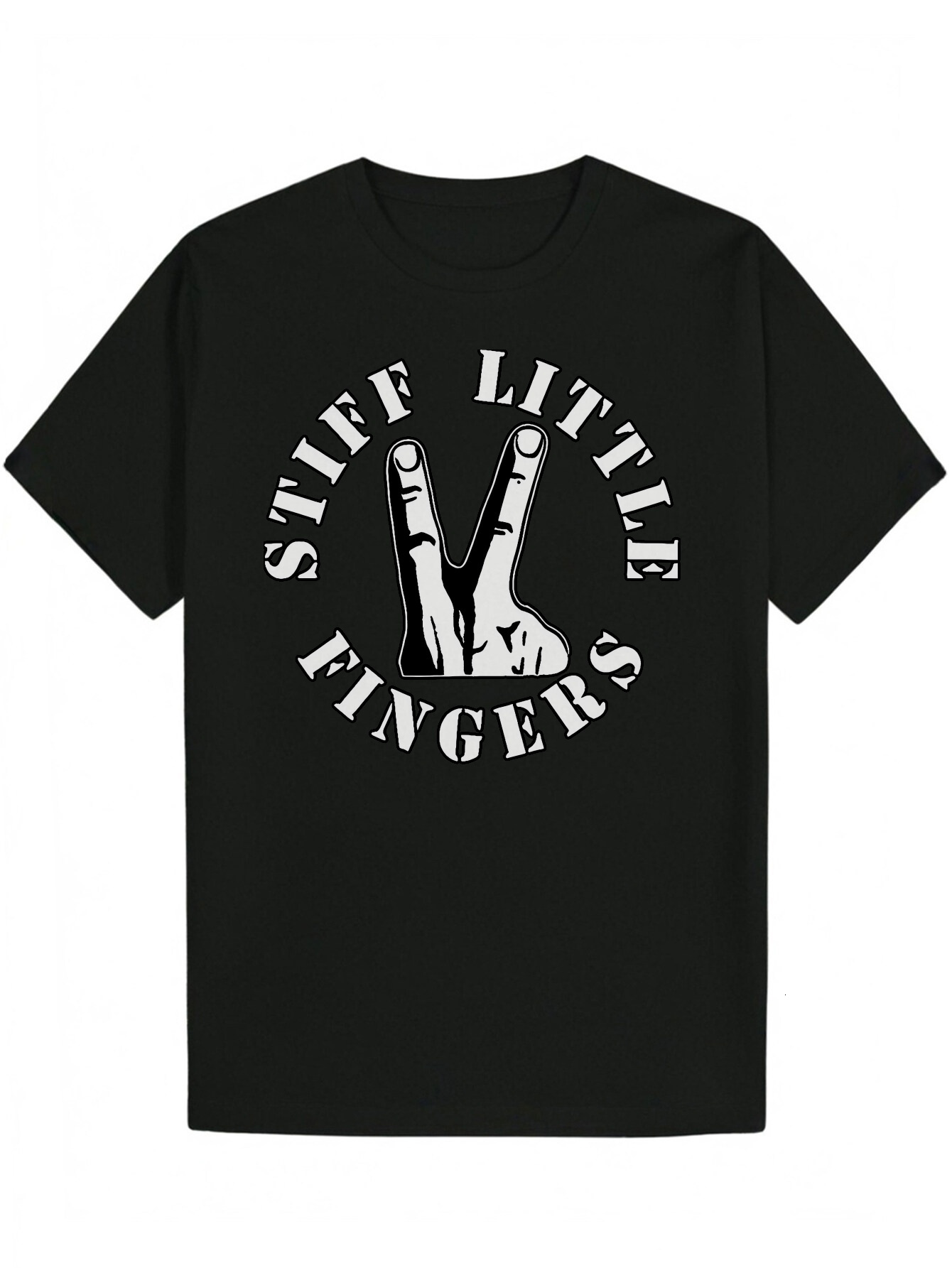 Men's Summer Pattern T-Shirt - Black "Stiff Little Fingers" Letter Print, Breathable Polyester Crew Neck T-Shirt, Machine Washable, Sui