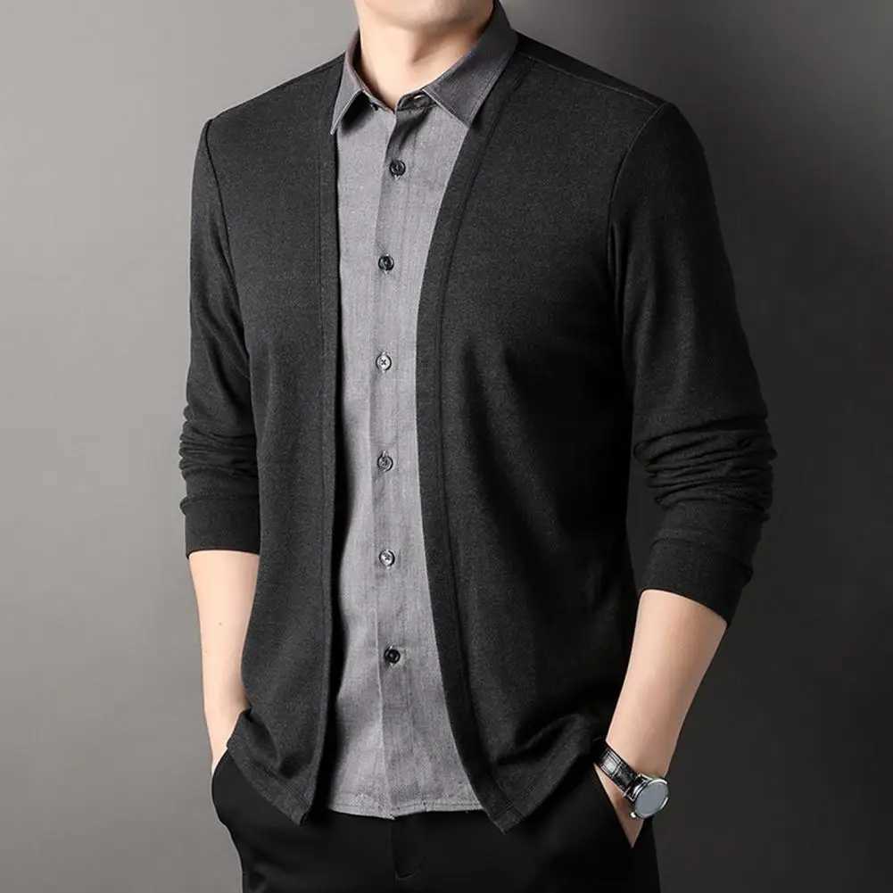 Men Cardigan Sweater Fake Two-piece Turn-down Collar Single-breasted Knitted Coat Color Matching Long Sleeves Formal Top XJ250805