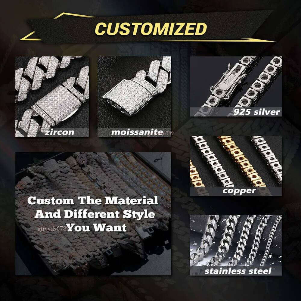 moissanite chain 6mm 8mm 13mm 15mm 18mm Custom Pass Dia Tester Sterling Sier Full D VVS Moissanite Cuban Link Chain For Men Women