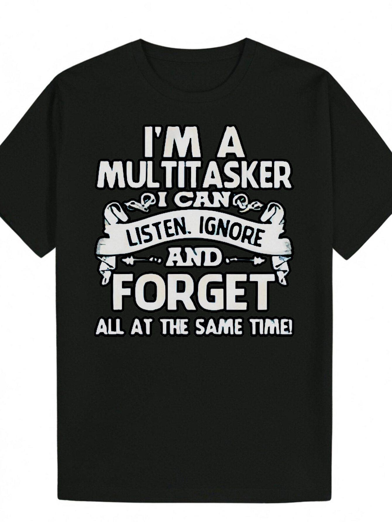 Men's Humorous Multi-Task Slogan Graphic T-Shirt - Black with White Letters, Lightweight Polyester Crew Neck Summer T-Shirt, Machine Washable Reg