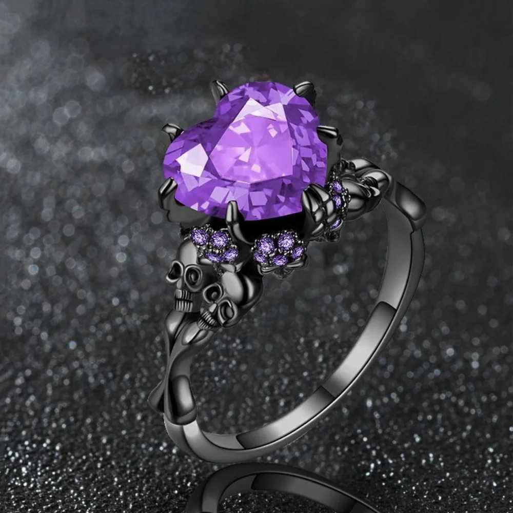 Skull Gothic Black Ring Heart-shaped Red Crystal Vampire Double Skull Rings Black for Women Party Wedding Jewelry M250805