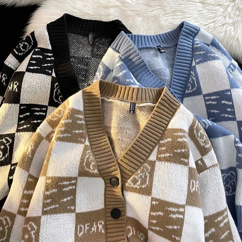 Fall Winter Open Front Button V Neck Plaid Long Sleeve Sweater Women Shirt Men Warm Soft Coat Top Casual Knitted Jacket Cardigan XJ250805