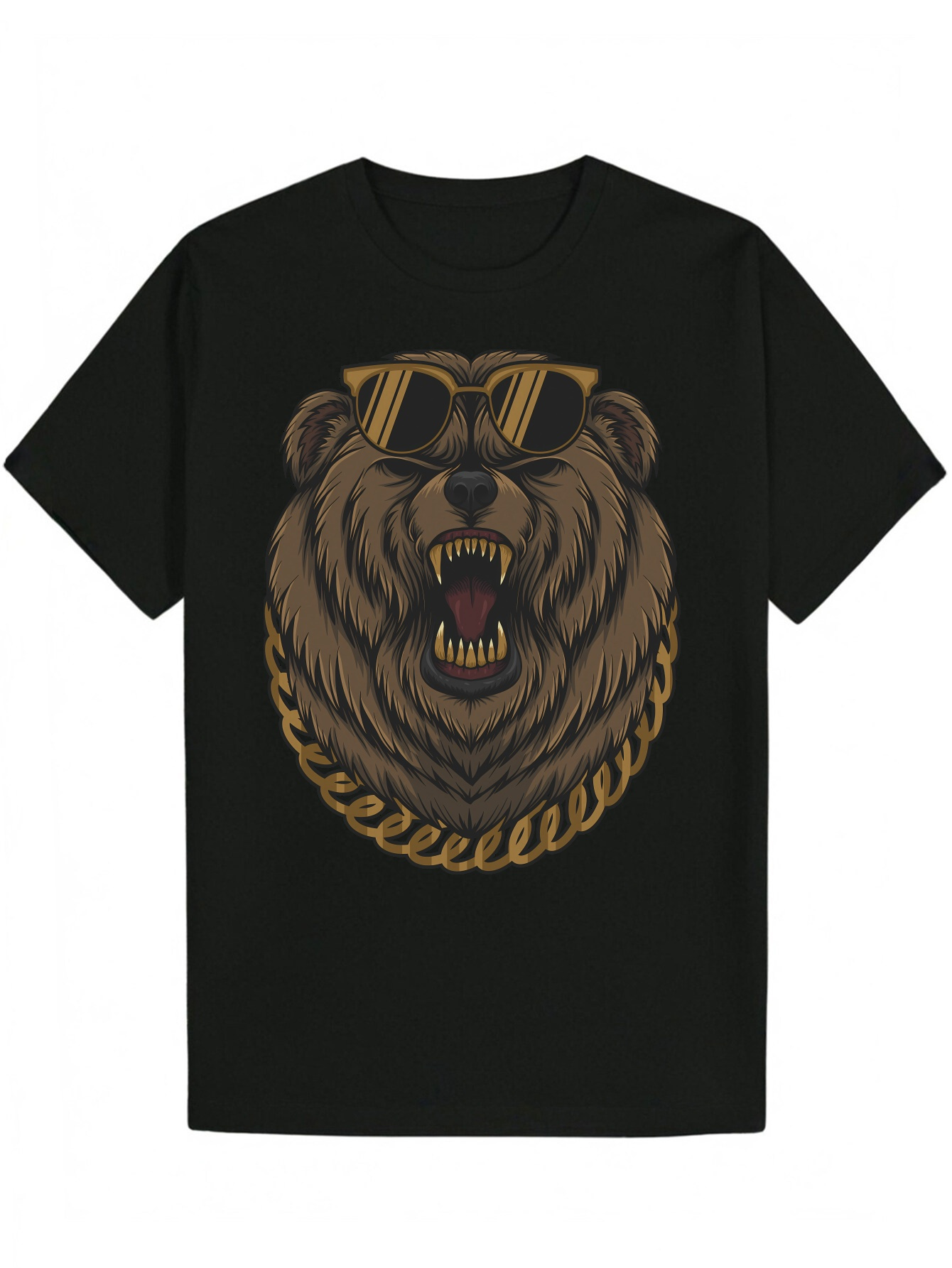 Men's Polyester Pattern Bear T-Shirt - Black, Gold Glasses Design, Machine Washable, Loose Fit, Suitable for Wear, Summer Casual Wear Fashion Rou