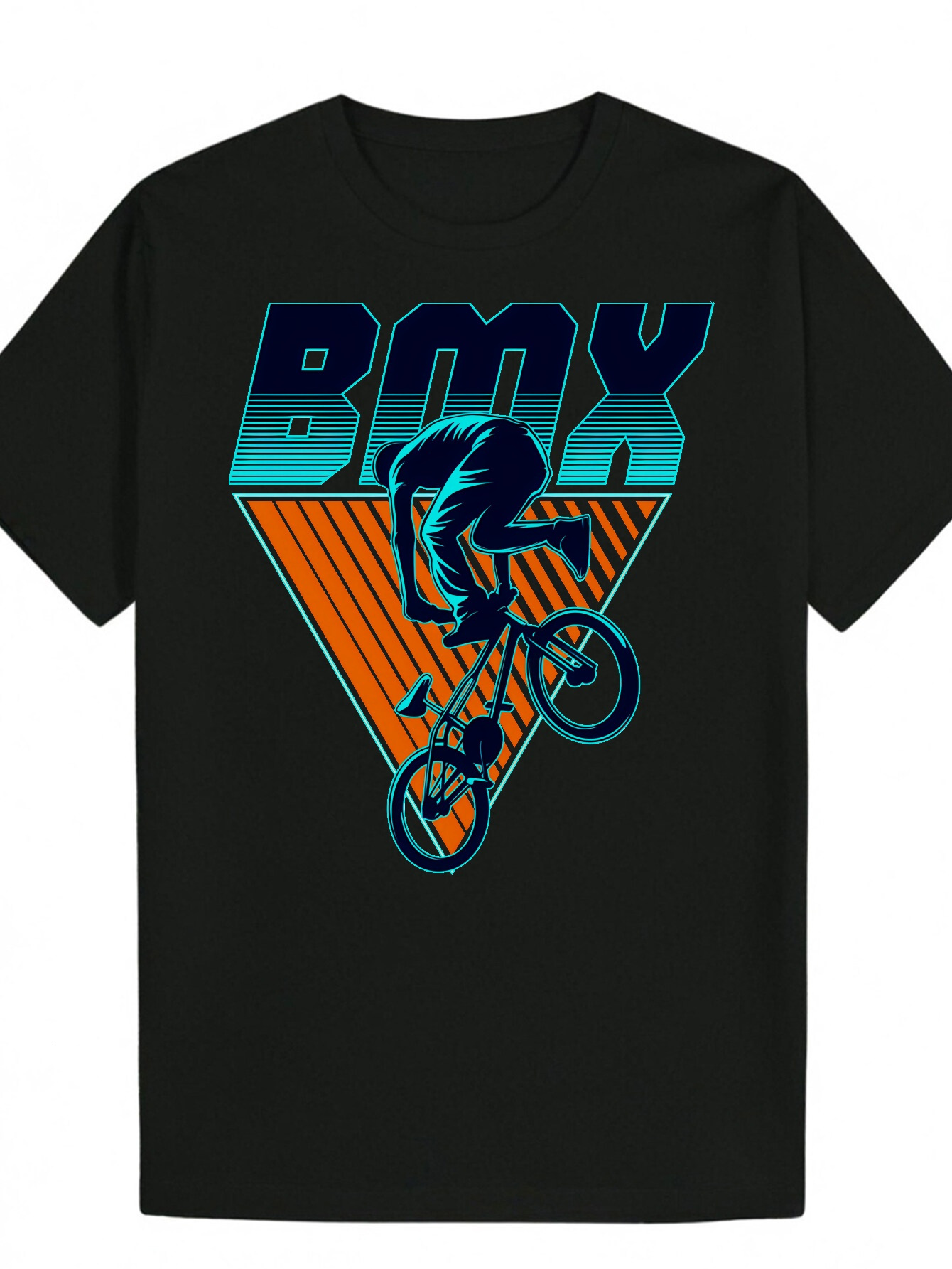 Men's Summe Patten T-Shit - Black Polyeste Cew Neck with 'BMX' Design, Oange Blue Bicycle Ride Pint, Lightweight and Beathable, Suitabl