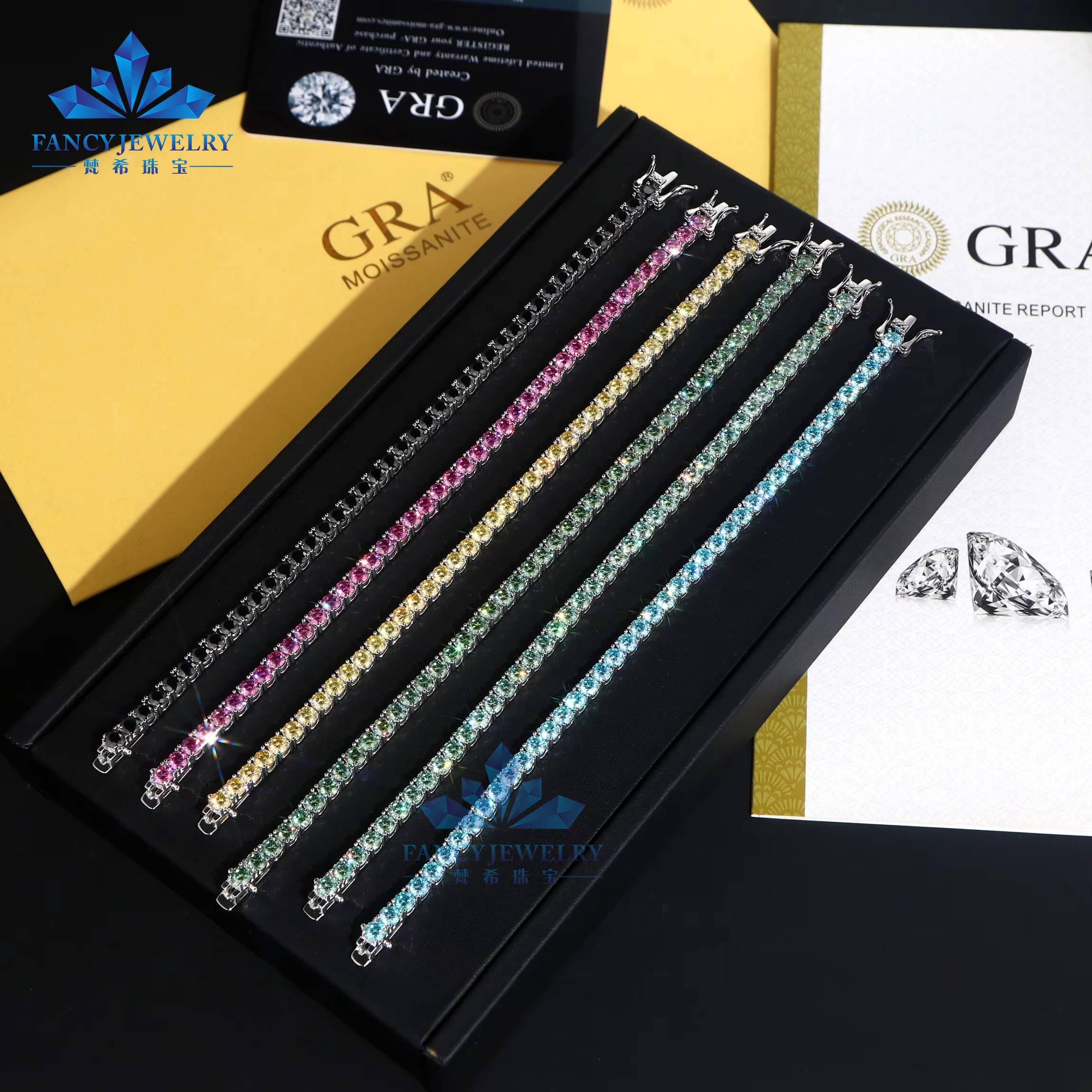 Wholesale Fine 925 Sterling Silver Hip Hop Blue Moissanite Tennis Chain 4mm Diamond Tennis Bracelet Moissanite