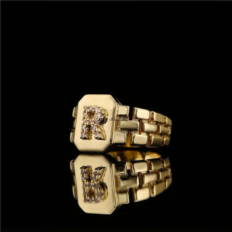 trendy gold color initial ring for women girl aaa cubic zirconia az watchband square letter open female jewelry gift